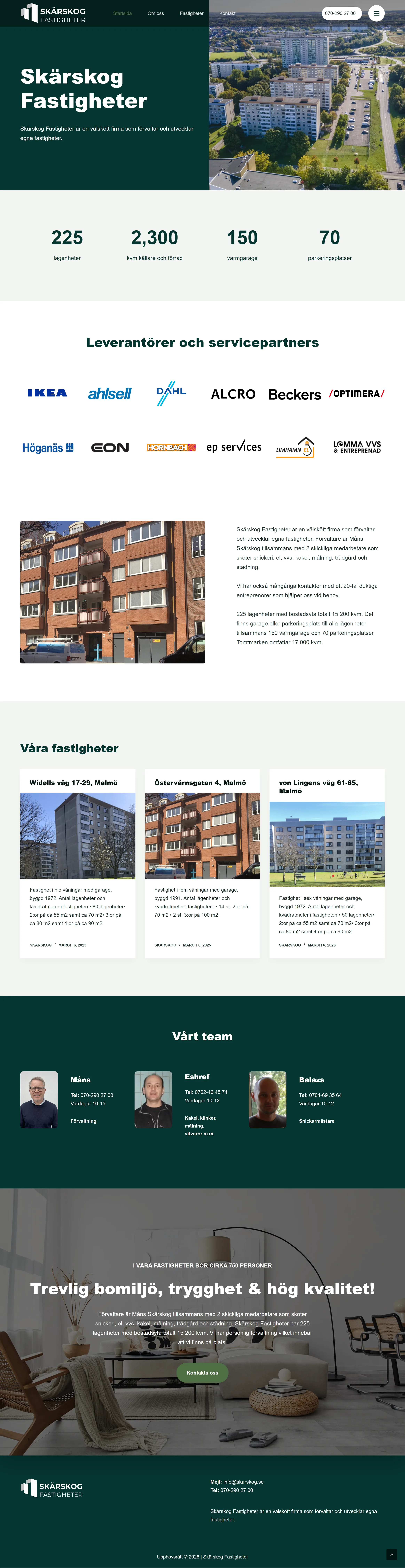 Hela startsidan på en smal skärmbild: mörkgröna och vita avsnitt med siffror, loggor och bilder