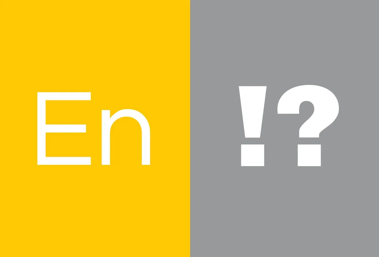 Typografiprov: bokstäverna ”En” i vitt på gult och ”!?” i vitt på grått