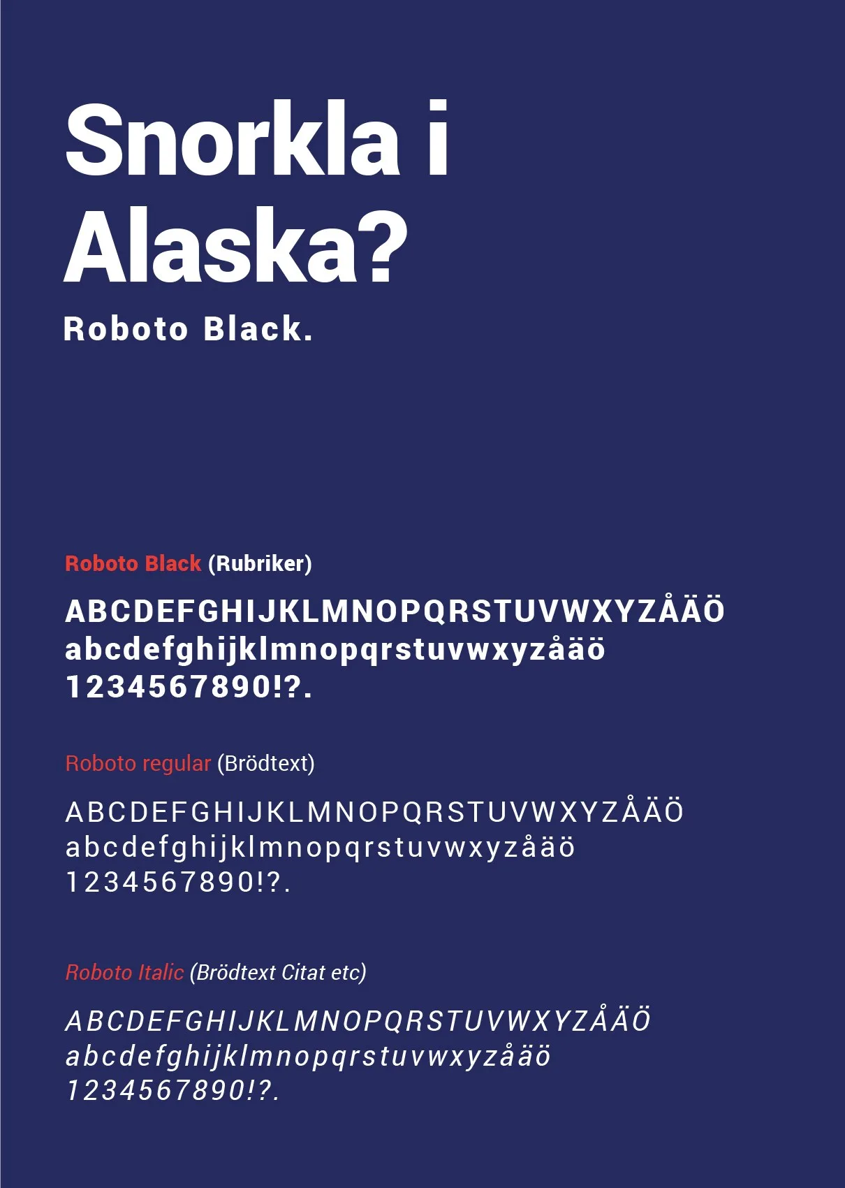 Typografiprov: texten ”Snorkla i Alaska?” och alfabet i tre snitt på mörkblå botten