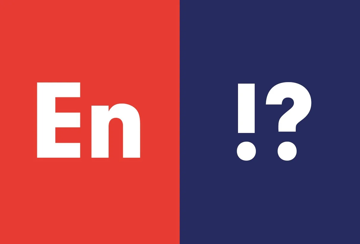 Typografiprov: bokstäverna ”En” i vitt på rött och ”!?” i vitt på mörkblått