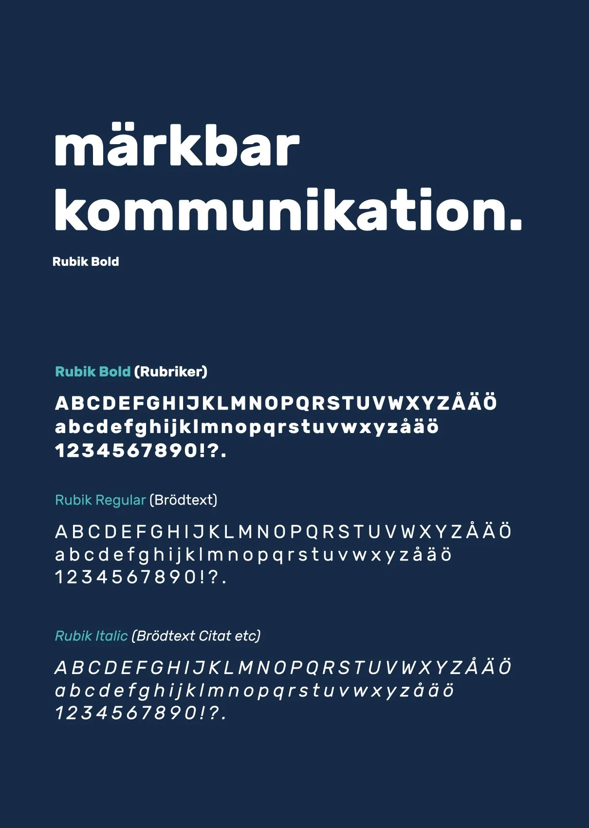 Typografiprov: texten ”märkbar kommunikation.” och alfabet på mörkblå botten