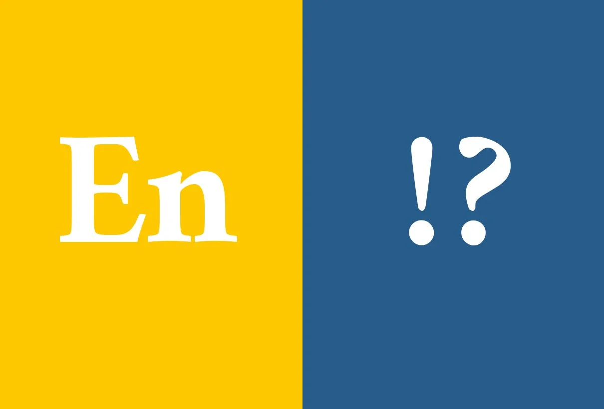 Typografiprov: bokstäverna ”En” i vitt på gult och ”!?” i vitt på blått