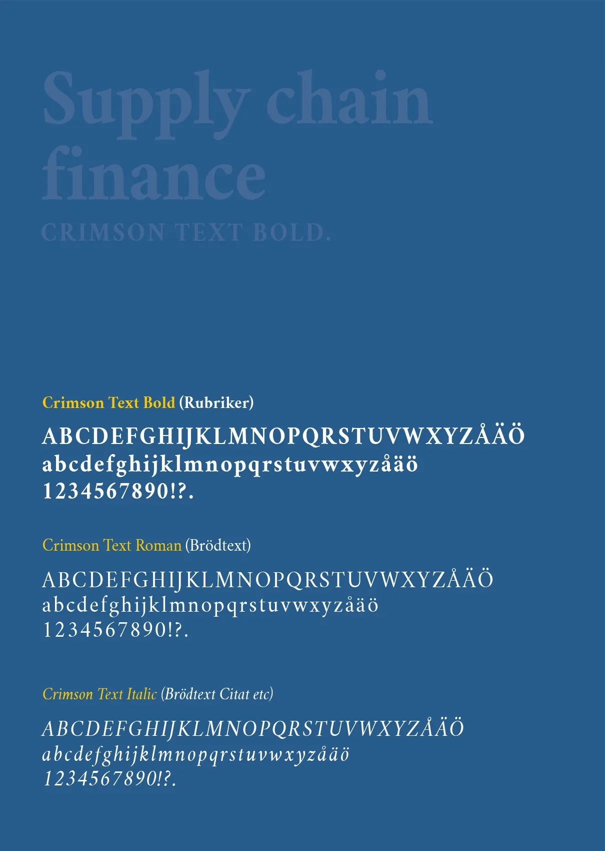 Typografiprov: texten ”Supply chain finance” och alfabet på blå botten