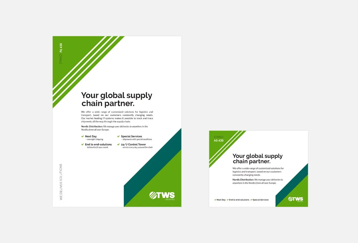 Ett brev och ett kort i vitt med gröna band och texten ”Your global supply chain partner.”