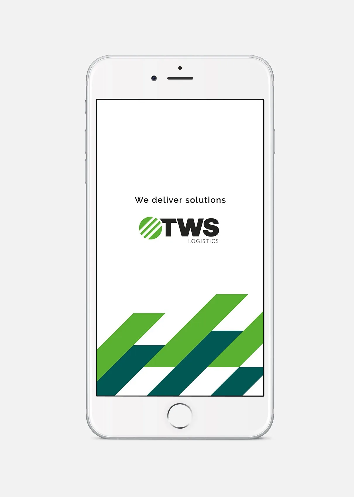 En mobil med TWS logotyp och ett mönster av gröna band på skärmen
