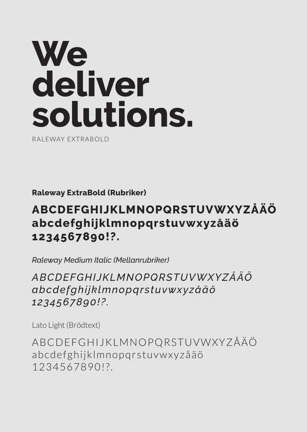 Typografiprov: texten ”We deliver solutions.” och alfabet på grå botten