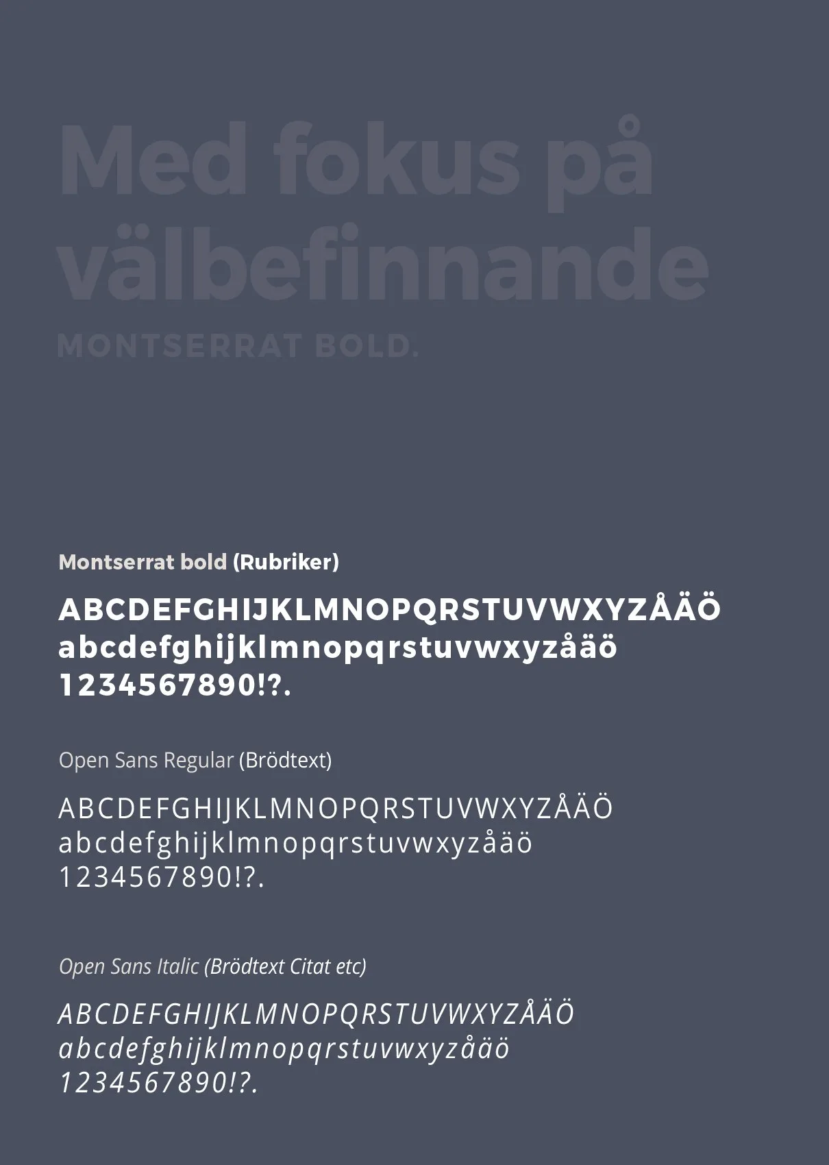 Typografiprov: texten ”Med fokus på välbefinnande” och alfabet på blågrå botten